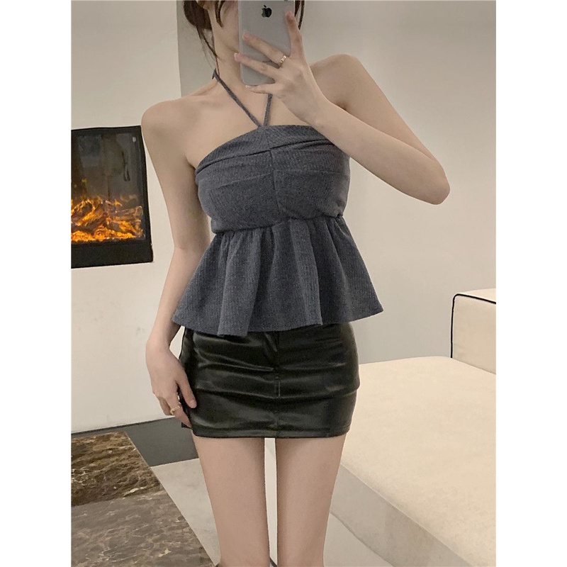 Atasan Halter Neck Wanita Sleveless Rajut Polo Ruffle Top