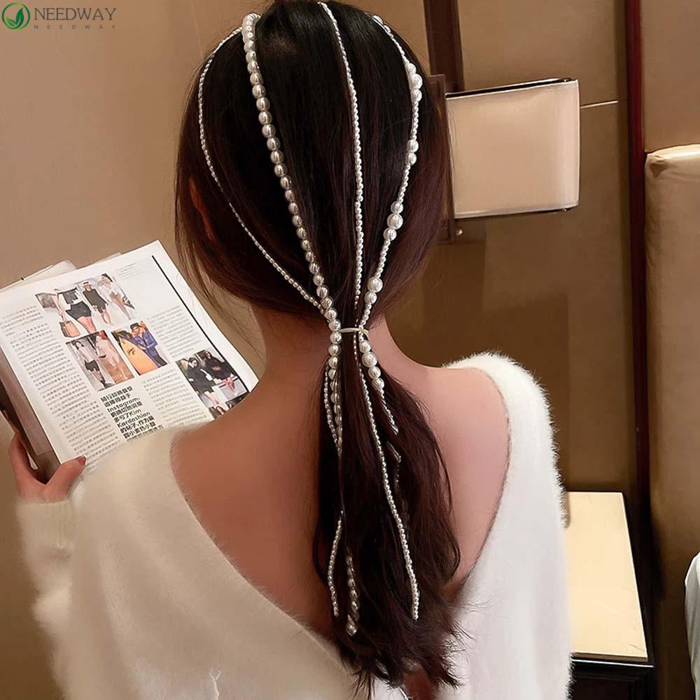 NEEDWAY Wig Ekstensi Rantai Bridal Manis Penuh Mutiara Rantai Panjang Ikat Rambut Fashion Rambut Mengepang Rantai