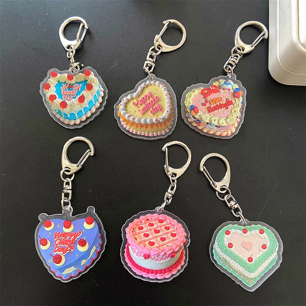 Kreatif Hati Kue Akrilik Gantungan Kunci Vintage Happy Birthday Keyrings Ransel Ritsleting Liontin Hias Aksesoris Hadiah