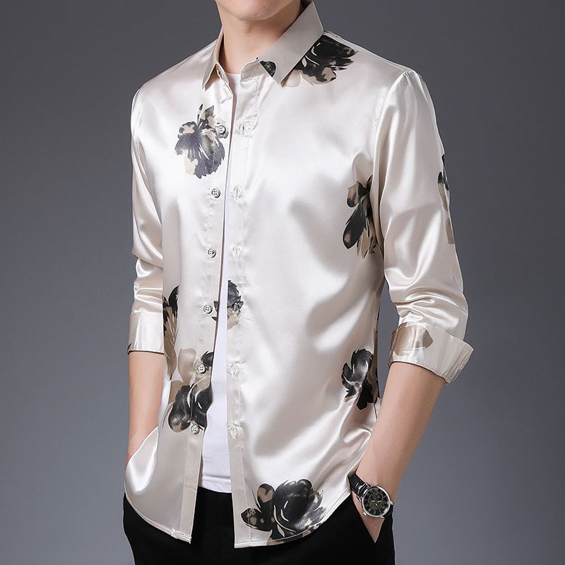 men's ice silk satin shirt, thin style shirt, long sleeved high-end floral shirt, casual outerwear