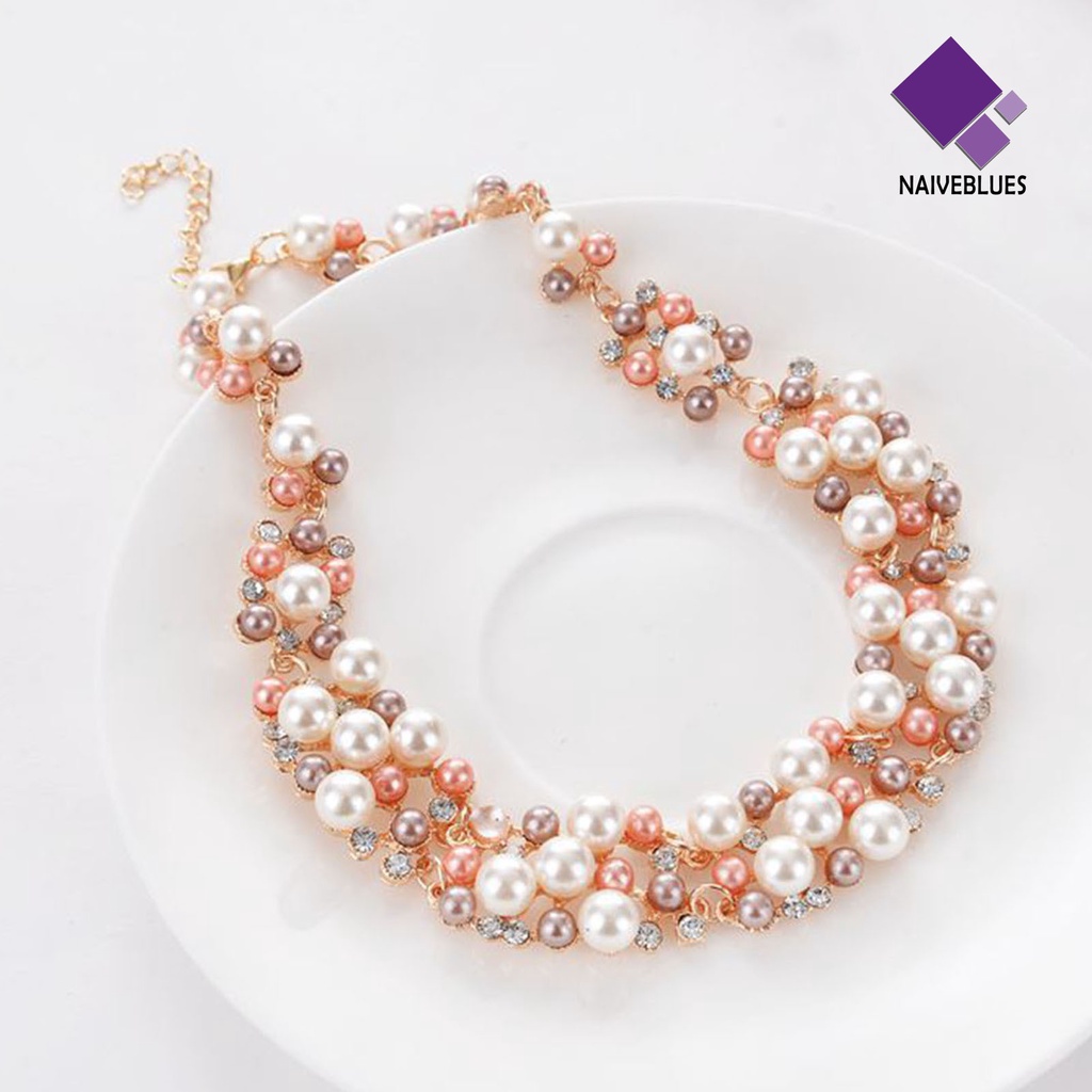 Naiveblue &gt; 2pcs/Set Perhiasan Pernikahan Mutiara Imitasi Multi Warna Mewah Halus Wanita Kalung