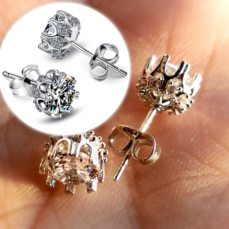 Wanita Bulat Kristal Solitaire Berlian Studs Halo Earrings