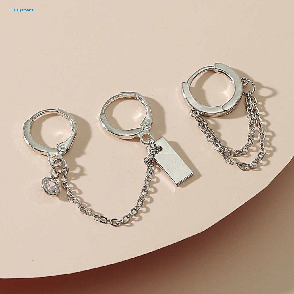 Lilyscent 2Pcs/Set Anting Hoop Bahan Alloy Untuk Kehidupan Sehari-Hari Tindik Lingkaran Wanita Klip Telinga Asimetris