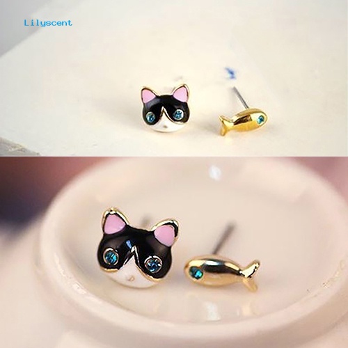 Lilyscent 1pasang Wanita Korea Lucu Kucing Ikan Berlian Imitasi Stud Earrings Fashion Perhiasan