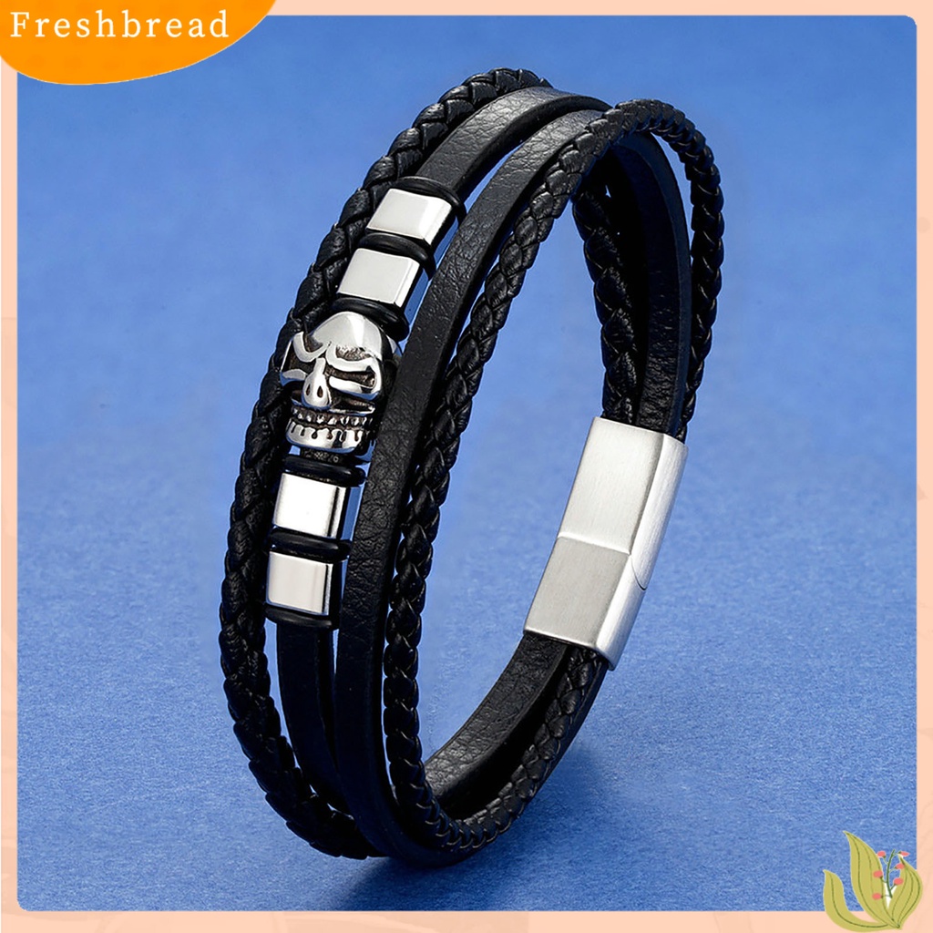 &lt; Freshbread &gt; Pria Gelang Handmade Anyaman Desain Tengkorak ic Gesper Geometris Dekoratif Hadiah Multilayer Bungkus Laki-Laki Kulit Imitasi Bangle Fashion Perhiasan Untuk Pakaian Sehari-Hari