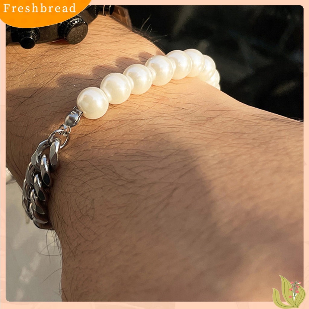 &lt; Freshbread &gt; Pria Gelang Penampilan Sederhana Hip-hop Perhiasan Fashion Mutiara Imitasi Rantai Kuba Splicing Bangle Untuk Kehidupan Sehari-Hari