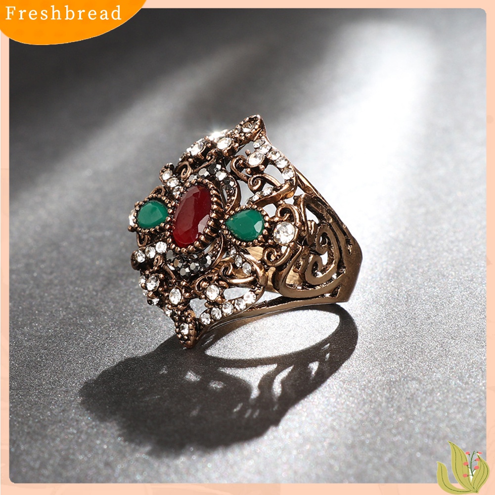 &lt; Freshbread &gt; Mewah Retro Wanita Teardrop Oval Berlian Imitasi Mengkilap Bunga Jari Cincin Perhiasan