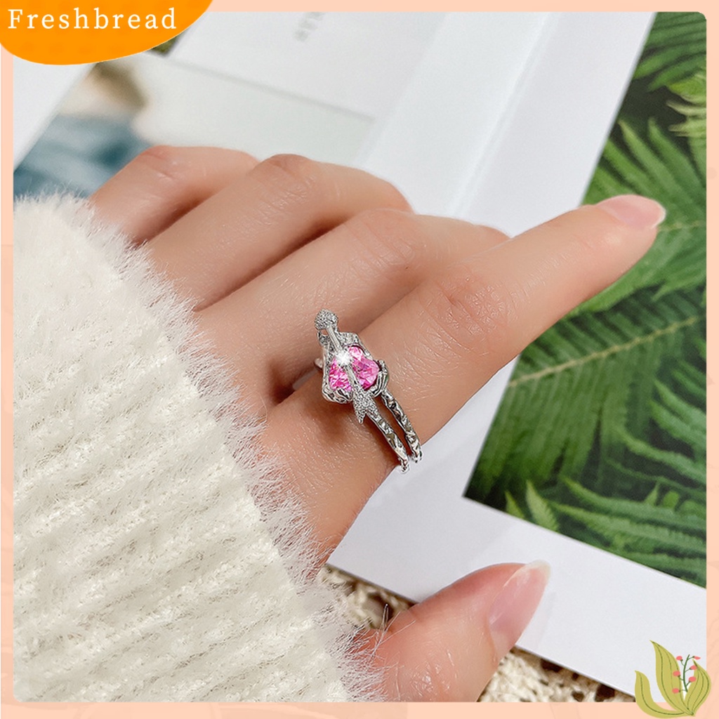 &lt; Freshbread &gt; Wanita Cincin Lapisan Ganda Desain Terbuka Yang Dapat Disesuaikan Eye-catching All-match Perhiasan Hadiah Merah Muda Kristal Imitasi Wanita Panah Melalui Jantung Jari Cincin