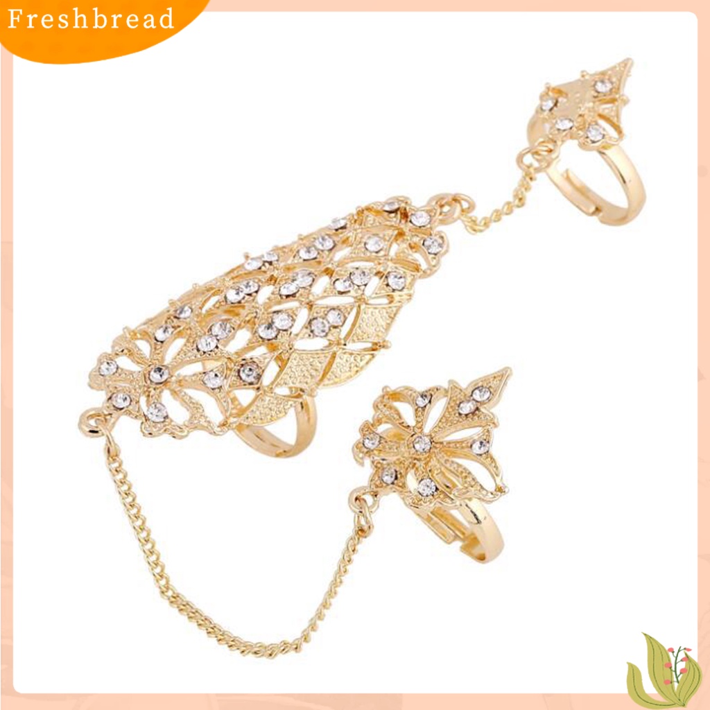 &lt; Freshbread &gt; Opening Ring Berlian Imitasi Tertanam Alloy Warna Emas Berlubang-out Leaf Dual Finger Chain Ring Untuk Pacaran