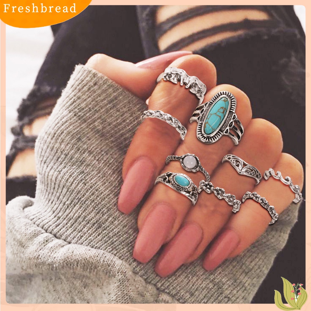 &lt; Freshbread &gt; 9Pcs/Set Wanita Retro Bohemian Faux Turquoise Hias Jari Cincin Perhiasan Hadiah