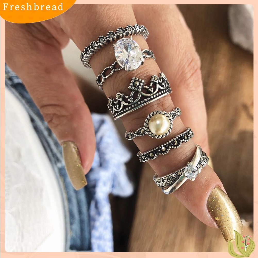 &lt; Freshbread &gt; 6 Pcs Retro Wanita Mutiara Imitasi Zirkon Mahkota Berongga Band Knuckle Midi Rings Perhiasan