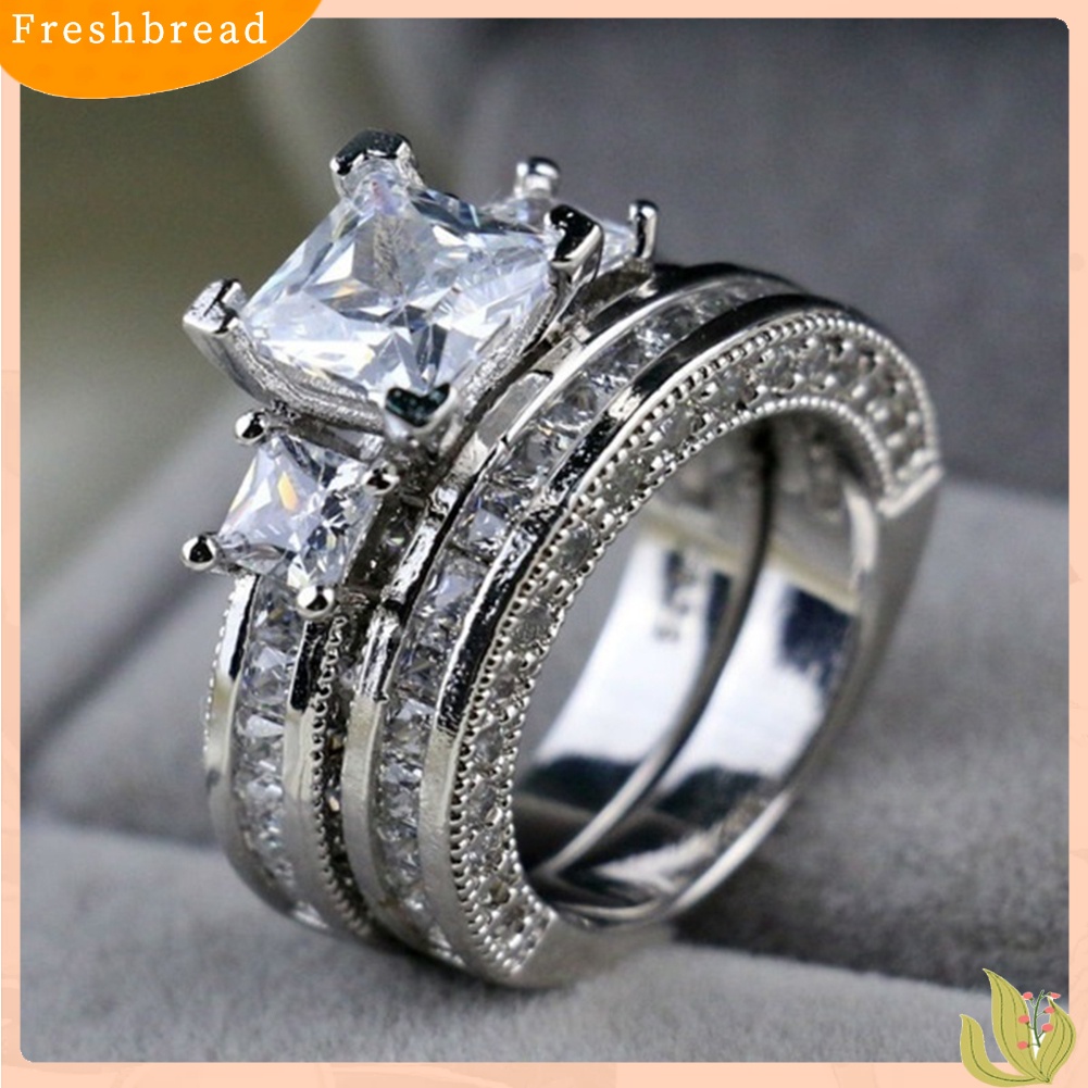 &lt; Freshbread &gt; 2Pcs/Set Wanita Pertunangan Pernikahan Putri Potong Berlian Imitasi Bertatahkan Cincin Susun