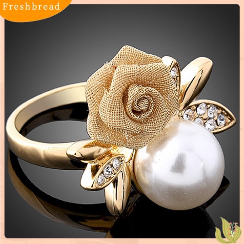 &lt; Freshbread &gt; Fashion Wanita Mawar Mutiara Imitasi Kristal Bening Berlapis Emas 9K Cincin Perhiasan Pesta