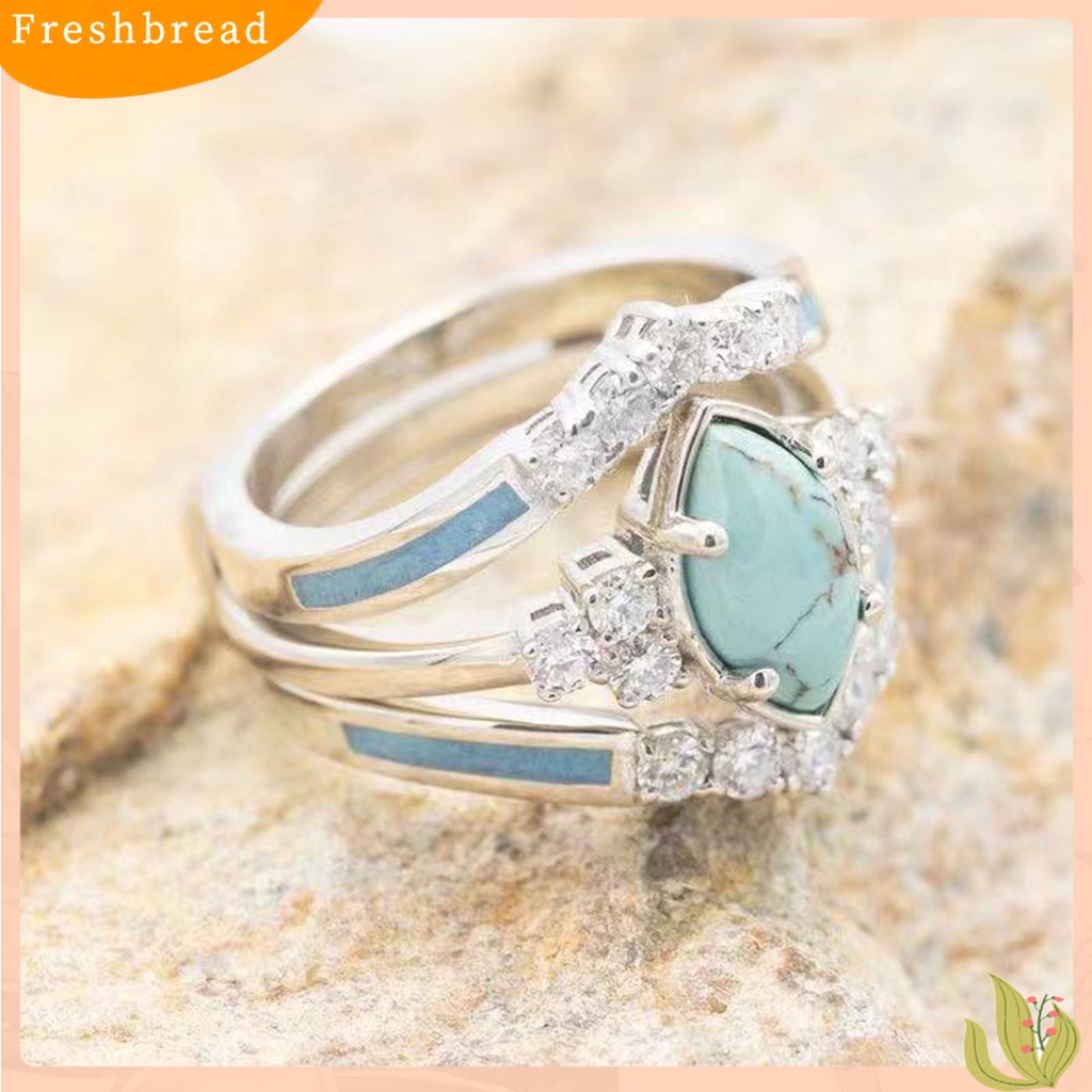 < Freshbread > 3Pcs/Set Indah Permukaan Halus Pernikahan Band Alloy Berlian Imitasi Alami Turquoise Wanita Rings Charm Jewelry