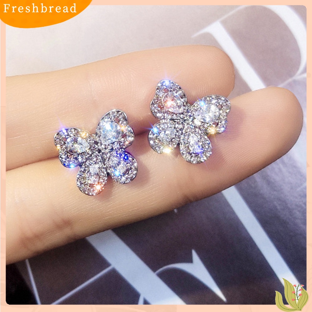 &lt; Freshbread &gt; Wanita Elegan Penuh Berlian Imitasi Bertatahkan Bentuk Kupu-Kupu Stud Earrings Perhiasan Hadiah