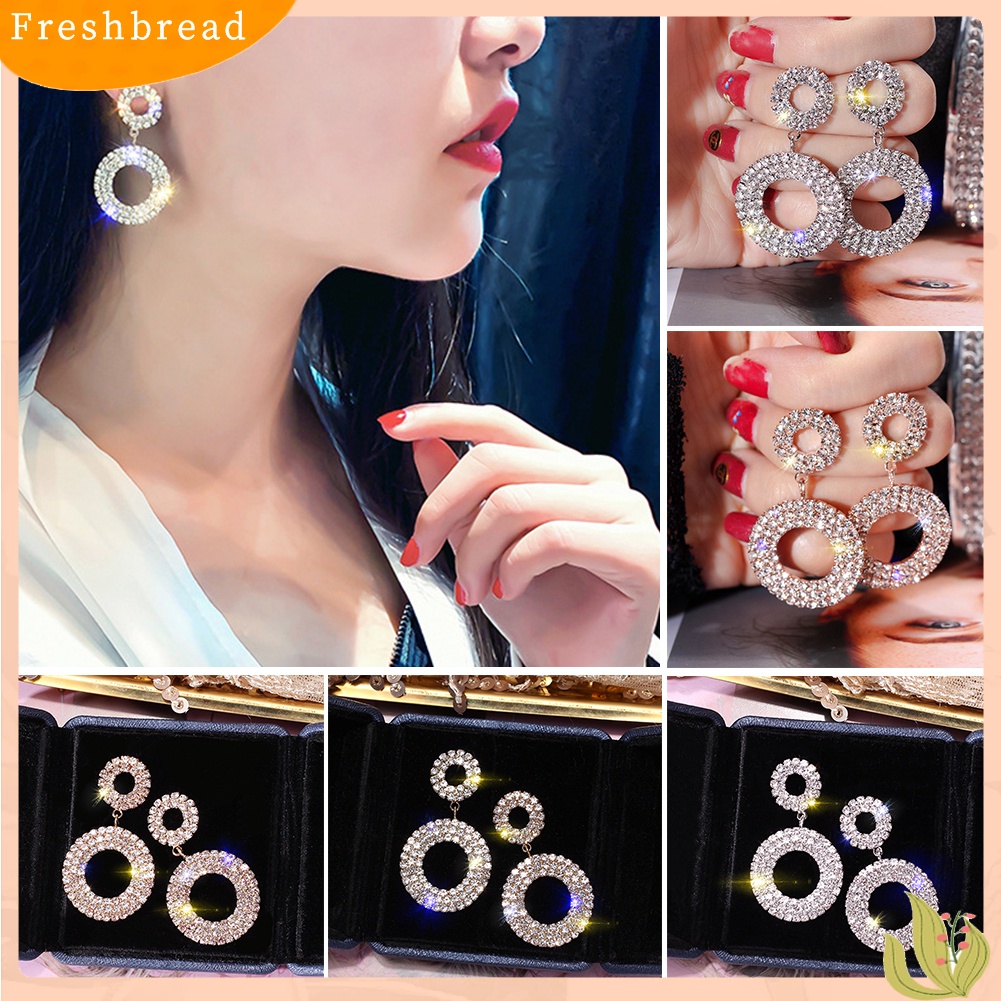 < Freshbread > Fashion Lingkaran Ganda Hias Berlian Imitasi Wanita Stud Earrings Pesta Perhiasan Hadiah
