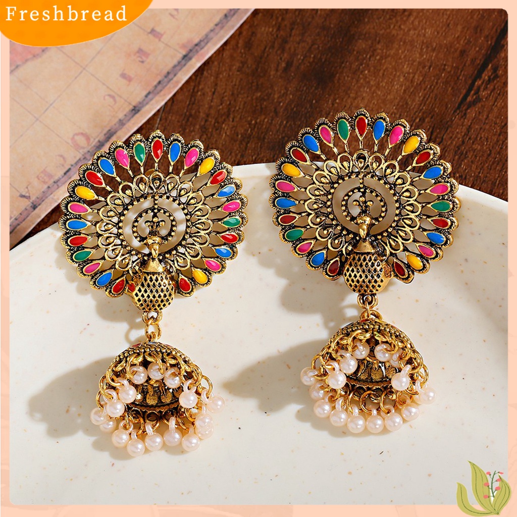 &lt; Freshbread &gt; 2Pcs Anting Menjuntai Gaya India Bell Rumbai Mutiara Imitasi Warna-Warni Geometris Hias Hadiah Wanita Merak Liontin Anting Perhiasan Fashion Untuk Pakaian Sehari-Hari