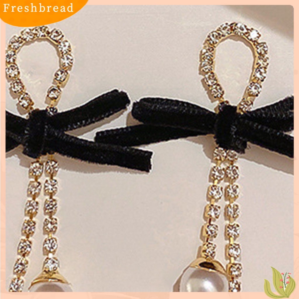 &lt; Freshbread &gt; 1pasang Anting Menjuntai Busur Mutiara Imitasi Wanita Berlian Imitasi Mengkilap Jumbai Anting Stud Untuk Pacaran