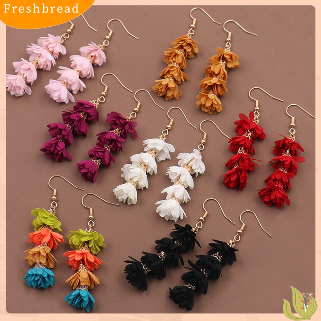 &lt; Freshbread &gt; 1pasang Tindik Multilayer Drop Earrings Kain Alloy Bunga Rumbai Kait Anting Perhiasan Hadiah