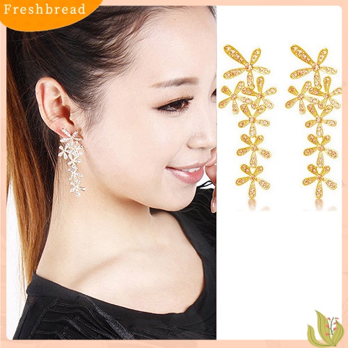 &lt; Freshbread &gt; Fashion Berlian Imitasi Penuh Panjang Snowflake Bunga Anting Ear Stud Perhiasan Pernikahan