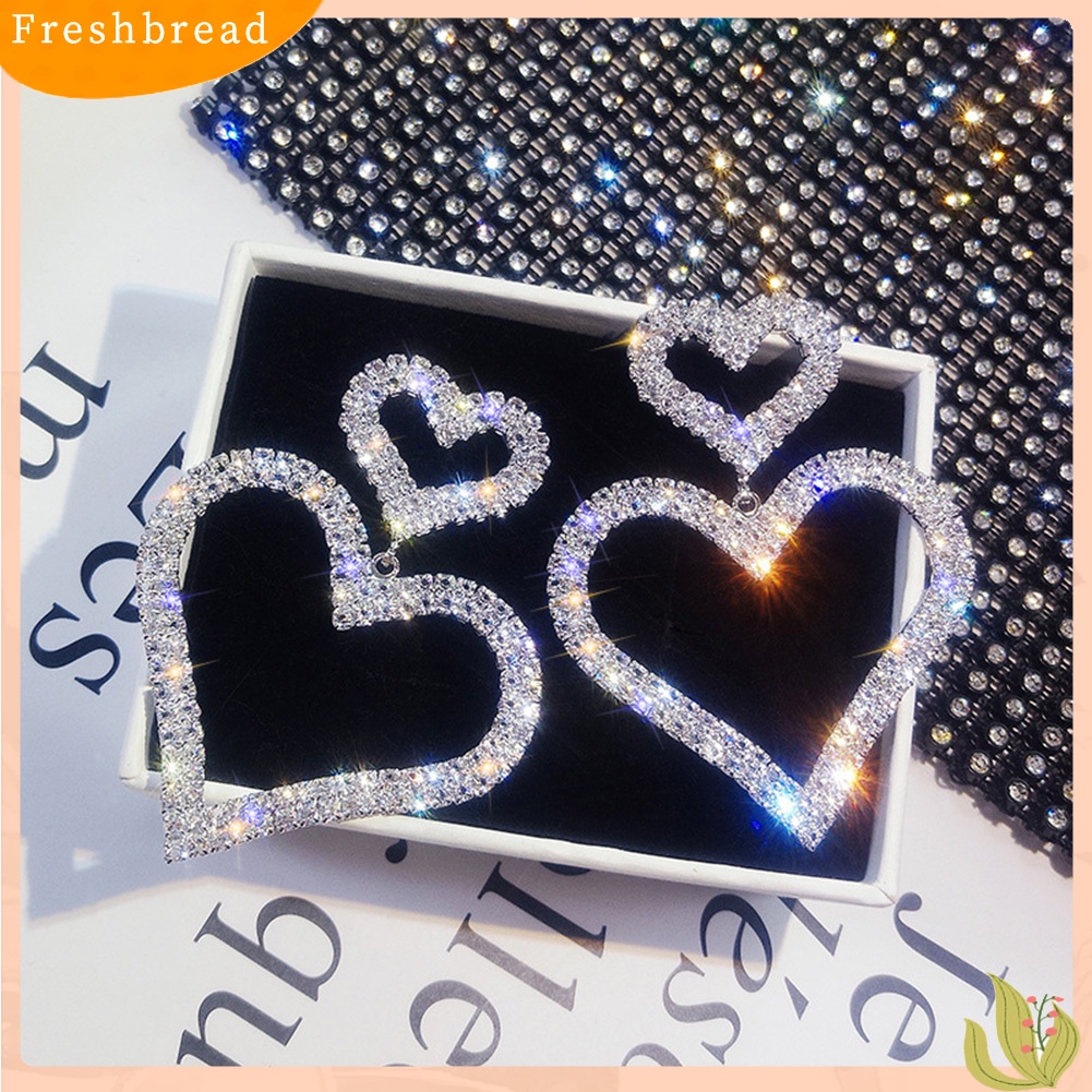 < Freshbread > Mewah Penuh Berlian Imitasi Berongga Ganda Cinta Hati Wanita Stud Earrings Perhiasan Hadiah