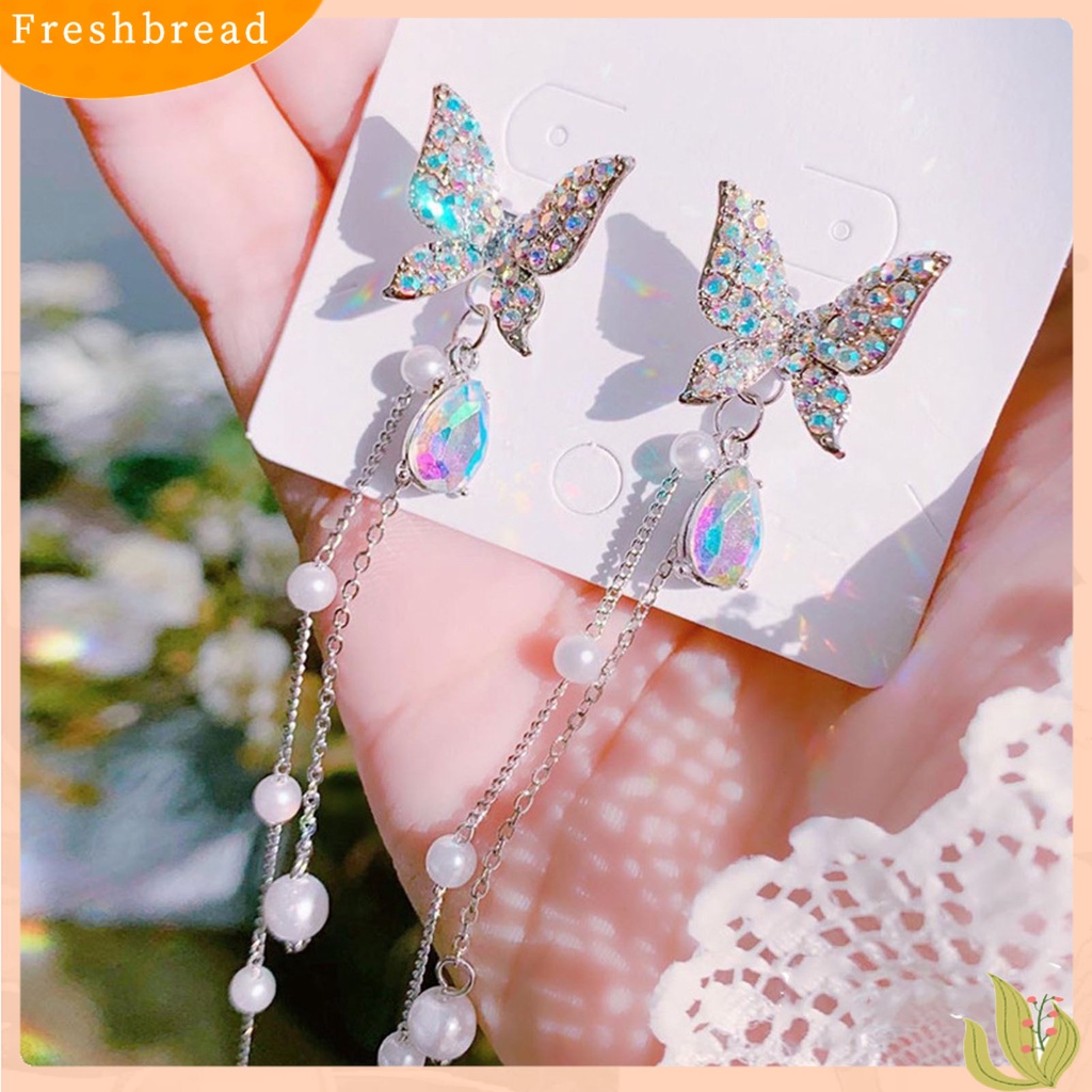 &lt; Freshbread &gt; 1pasang Berlian Imitasi Bersinar Rantai Rumbai Lady Earrings Hidup Kupu-Kupu Mutiara Imitasi Stud Earrings Elegan Earrings