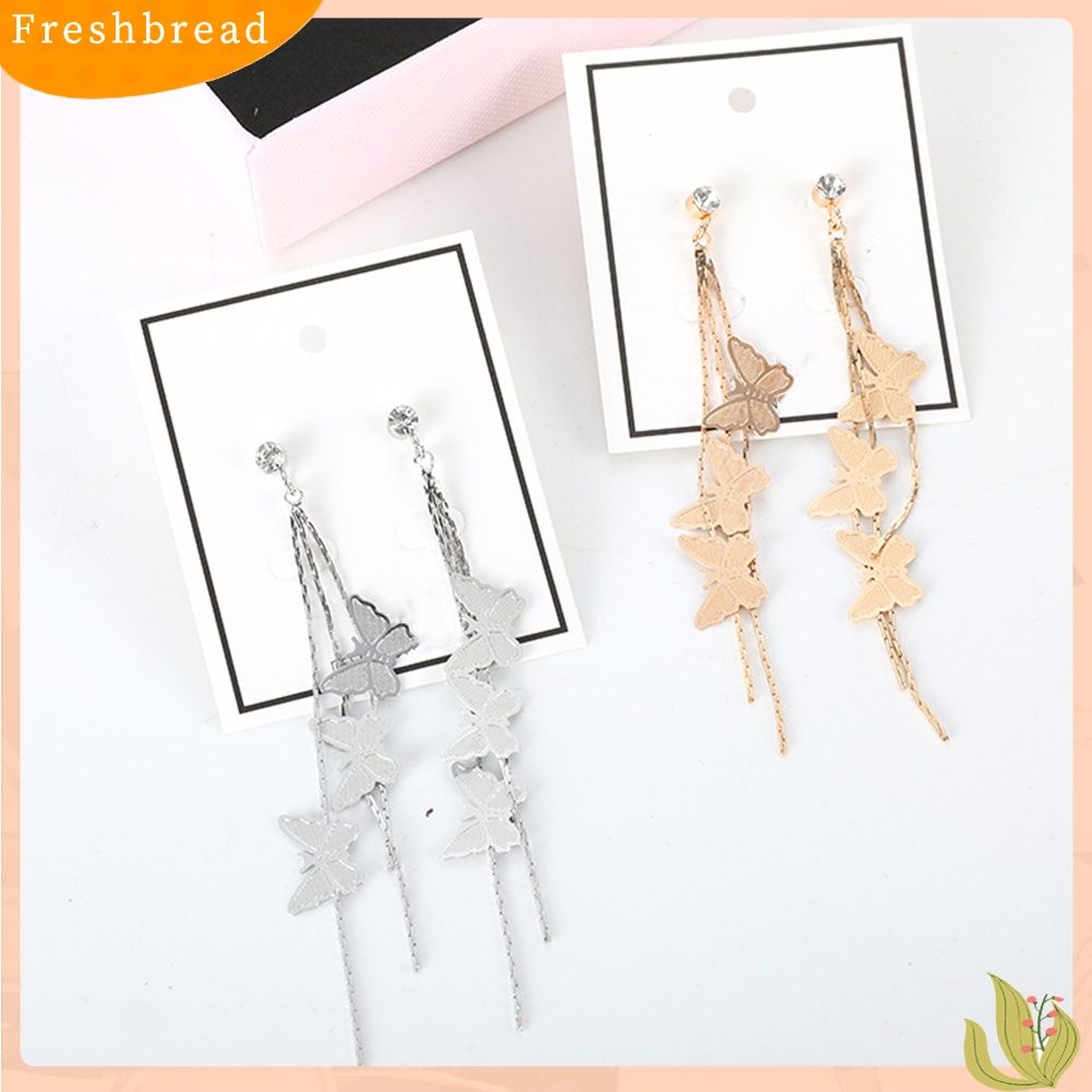 &lt; Freshbread &gt; Fashion Wanita Kupu-Kupu Rumbai Panjang Menjuntai Berlian Imitasi Stud Earrings Jewelry