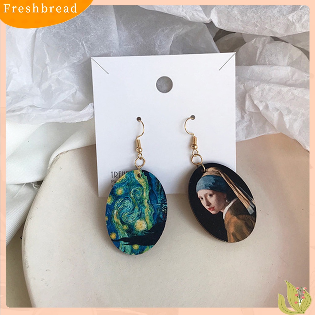 &lt; Freshbread &gt; Wanita Oval Enamel Niche Lukisan Minyak Asimetris Liontin Kayu Anting Kait