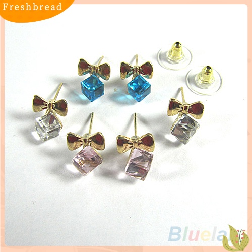 &lt; Freshbread &gt; Wanita Kilau Chic Ikatan Simpul Shiny Cube Berlian Imitasi Ear Studs Lucu Menjuntai Anting-Anting