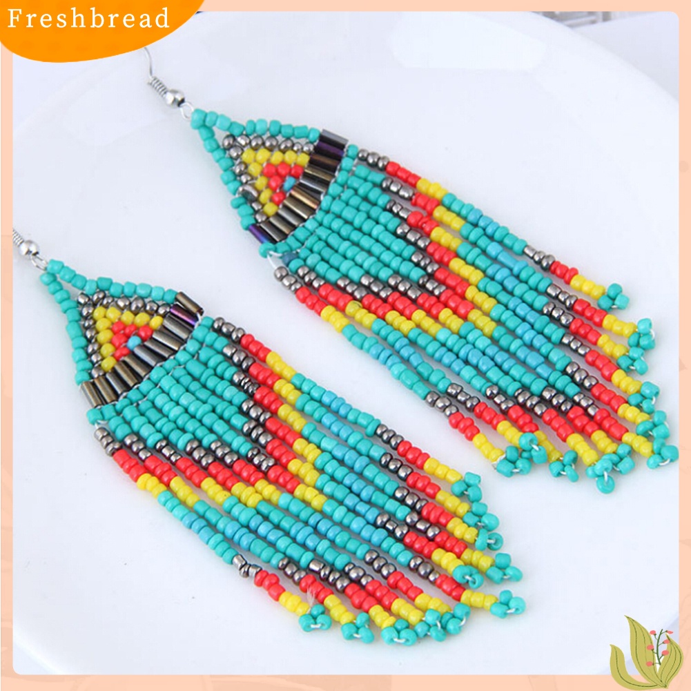 &lt; Freshbread &gt; Wanita Bohemian Panjang Manik-Manik Rumbai Drop Menjuntai Kait Anting Pesta Perhiasan Hadiah