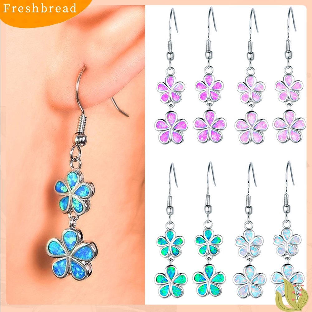 &lt; Freshbread &gt; Fashion Wanita Faux Opal Hias Bunga Panjang Menjuntai Ear Hook Earrings Jewelry