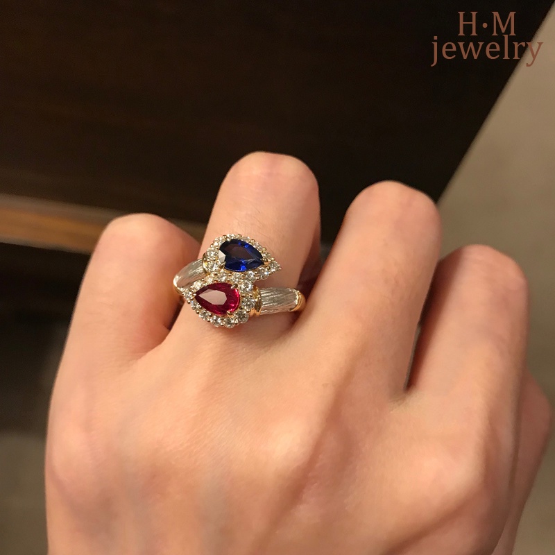 S925 Perak Gaya Kuno Romantis Cincin Ganda Vintage Disikat Ganda Warna Emas Ganda Batu Ornamen