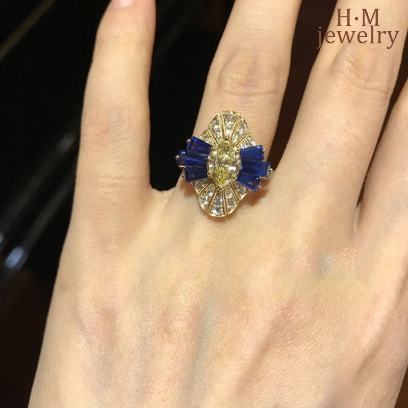 S925 Perak Vintage Bentuk Mata Kuda Kuning AAA Zircon Ring