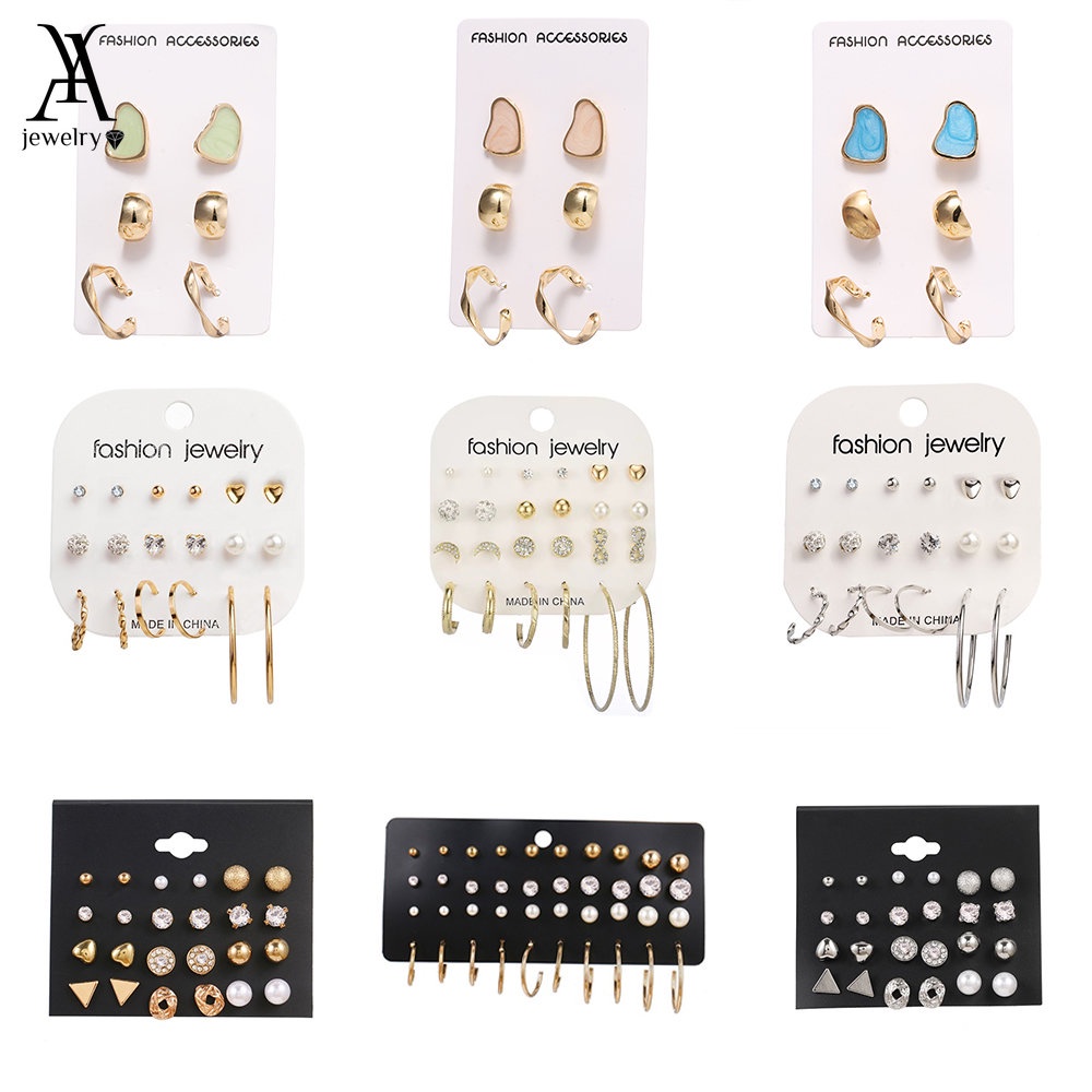 AY(CN) Korean Fashion Pearl Rhinestone Earring Set Drop Oil Gold Silver Girl Stud Earrings Women Jewelry Accessories