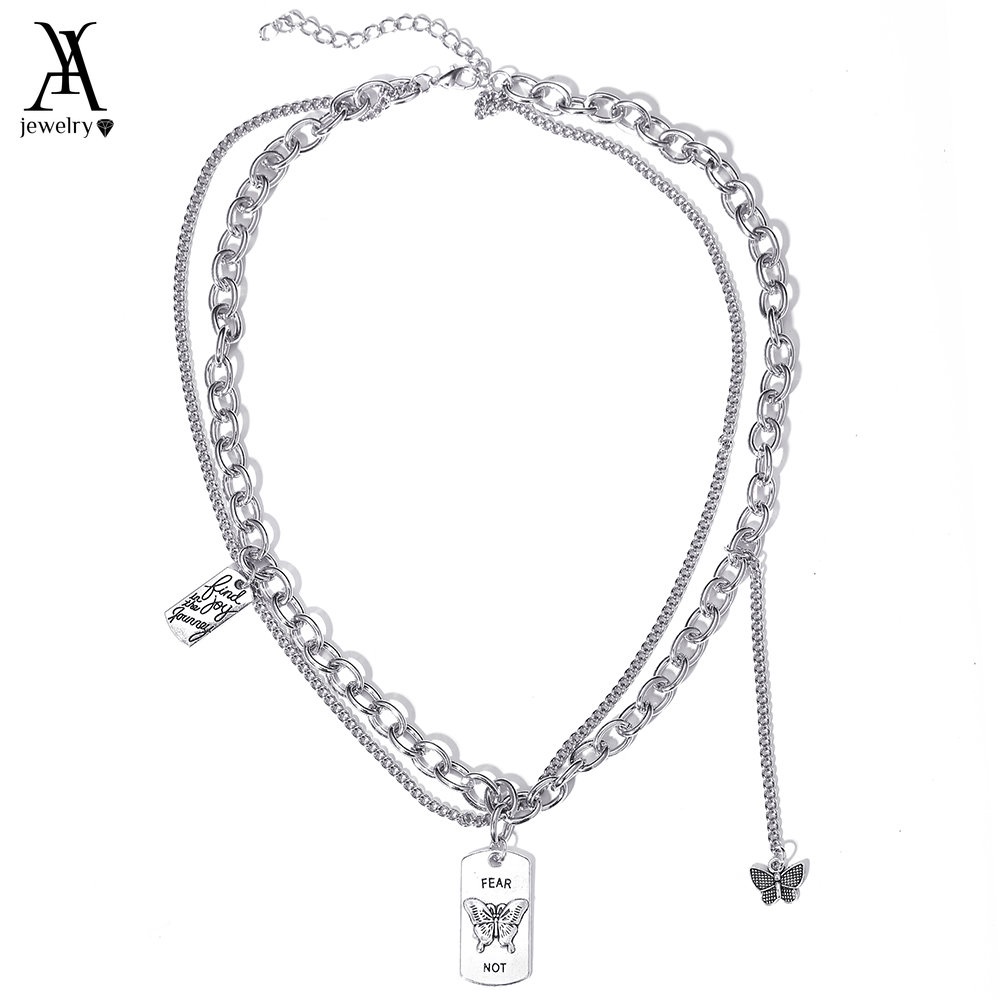 AY(CN) Korean Multilayer Butterfly Necklace Choker Fashion Retro Letter Pendant Silver Chain Jewelry Accessories Gift