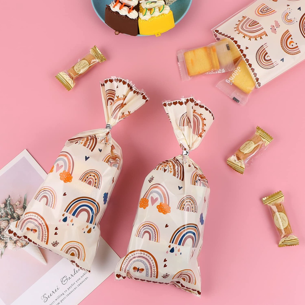 50pcs Pola Bohemian Kekinian Kemasan Tas Dengan Dasi Snack Cookie Candy Bag Rainbow Kantong Plastik Perlengkapan Pesta Dekorasi Meja Ulang Tahun Pernikahan Party Decor