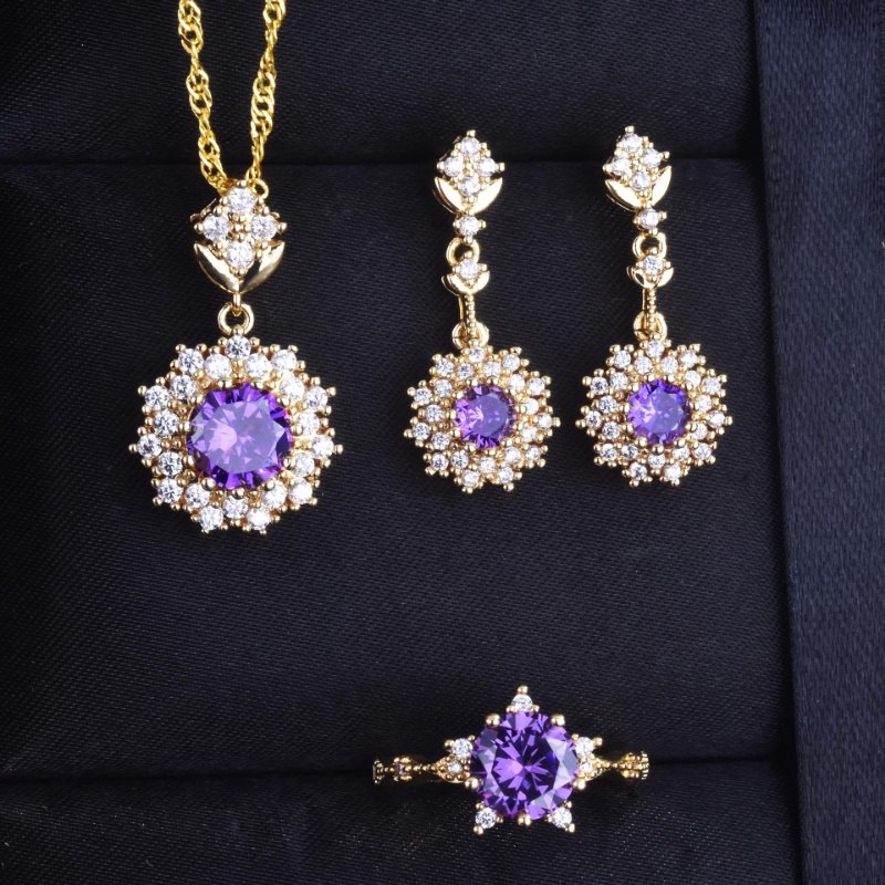 Goldkingdom Fashion Perhiasan Aksesoris Ready Stock Delima Merah Cincin Liontin Telinga Stud Set Berlapis Emas Api Warna Meledak Berkilau Amethyst Kalung