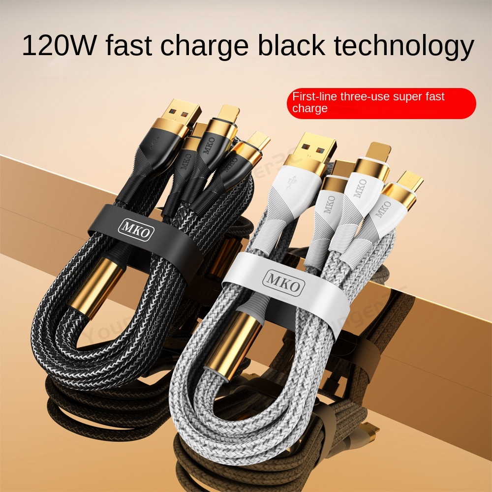 40menit Penuh 120W 6A Kabel Pengisian Super Cepat 3in1 Jalur Data Pengisian Flash Lapis Emas Untuk Iphone Tipe C Android