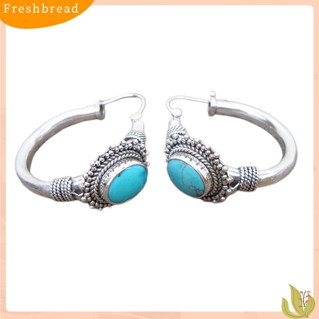 {In Stock} 1pasang Anting Hoop Tindik Oval Ukir Unik Biru Turquoise Bohemia Retro Earrings Aksesoris Perhiasan