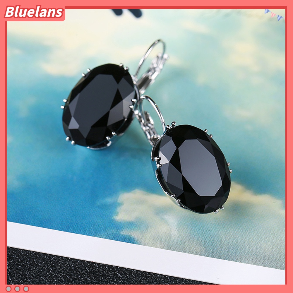 {In Stock} Elegan Wanita Oval Batu Permata Imitasi Hias Menjuntai Leverback Earrings Perhiasan Hadiah