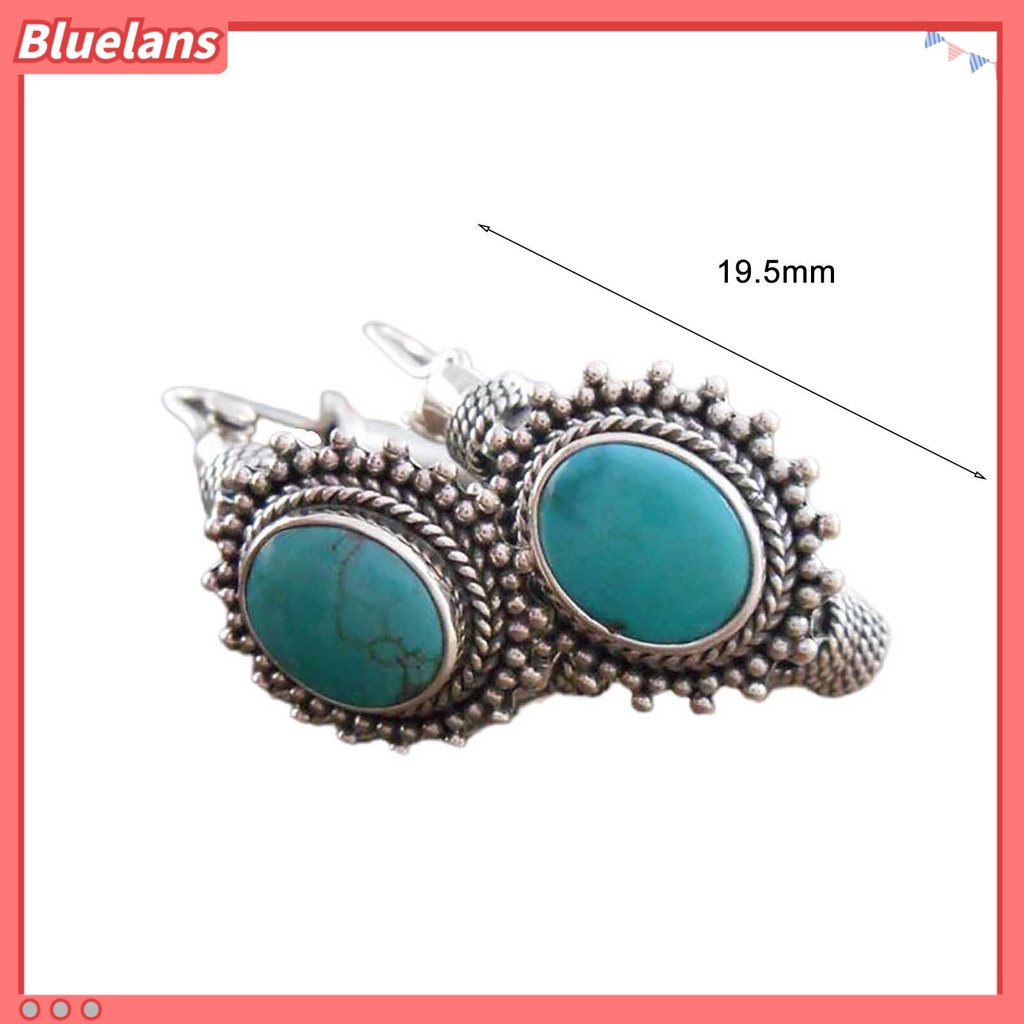 {In Stock} 1pasang Anting Hoop Tindik Oval Ukir Unik Biru Turquoise Bohemia Retro Earrings Aksesoris Perhiasan