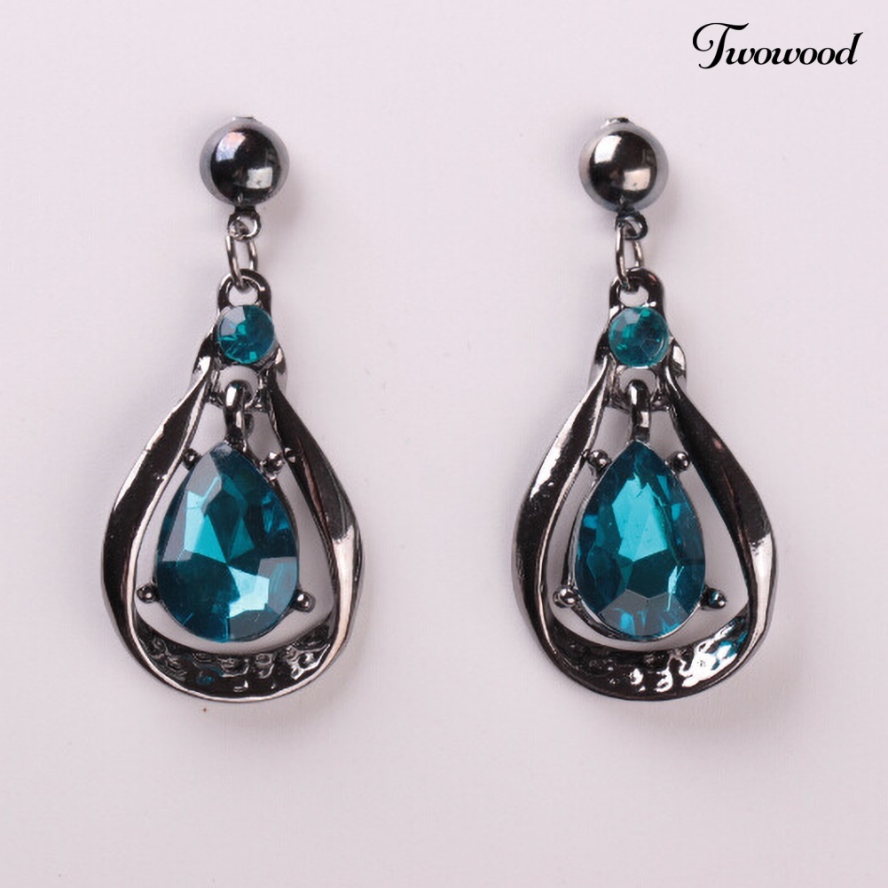 Twowood Wanita Fashion Water-drop Faux Sapphire Menjuntai Ear Studs Kalung Perhiasan Set