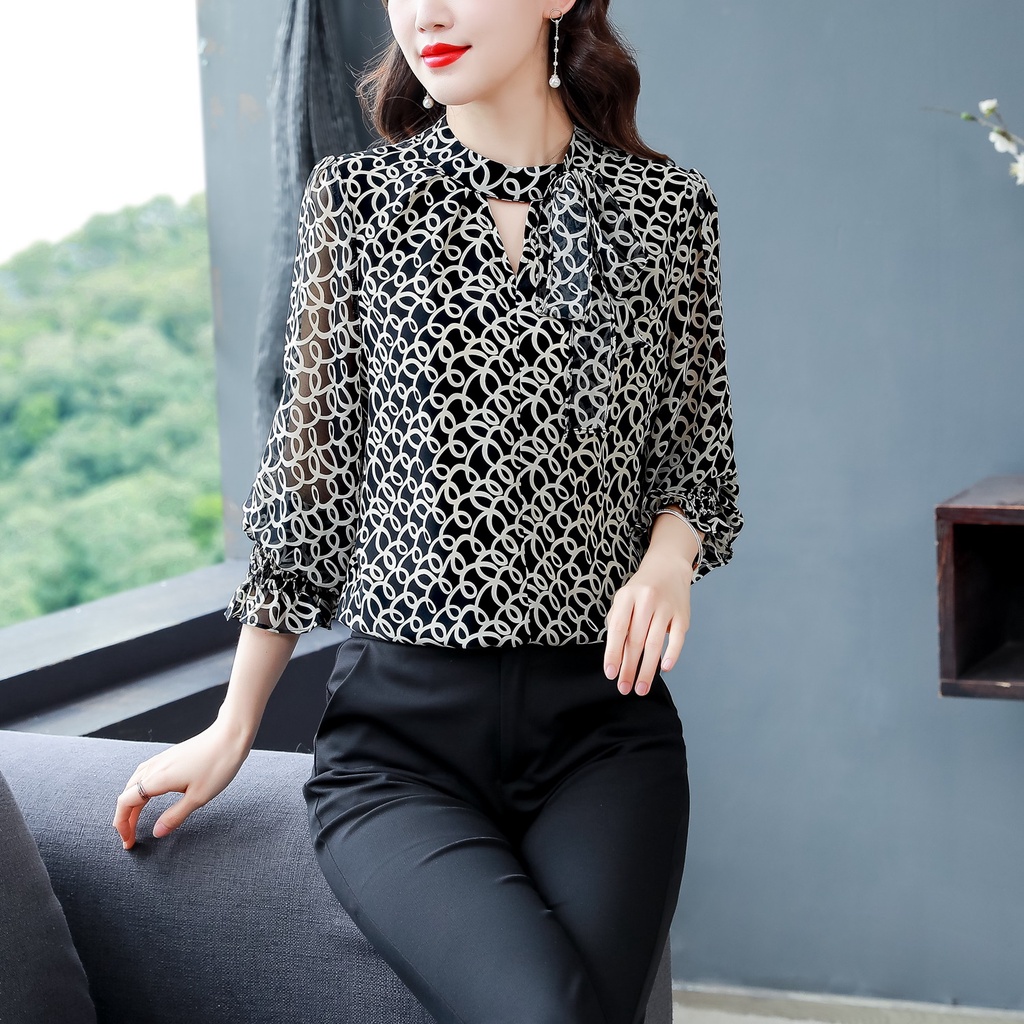 COD New Fashion Korean Geometric Patterns High Quality Chiffon Fabric Black Long Sleeve Blouse Blus Lengan Panjang Hitam Sifon Korea