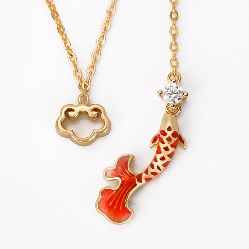 Goldkingdom Fashion Perhiasan Aksesoris Ready Stock Mewarisi Hukum Kuno Ruyi Brokat Set Ikan Gurame Enamel Warna Kalung Earline Rajutan Tali Merah Xiangyun Gelang