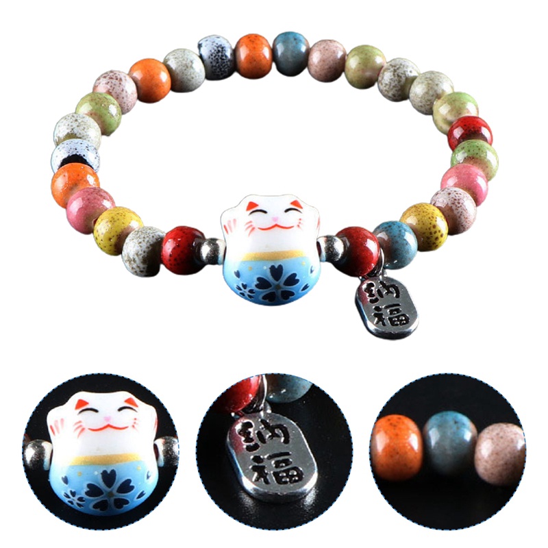 Lucu Kucing Beruntung Gelang Untuk Gadis Adjustable Manik-Manik Warna-Warni Gelang Harajuku Keramik Kucing Liontin Pesona Gelang Perhiasan