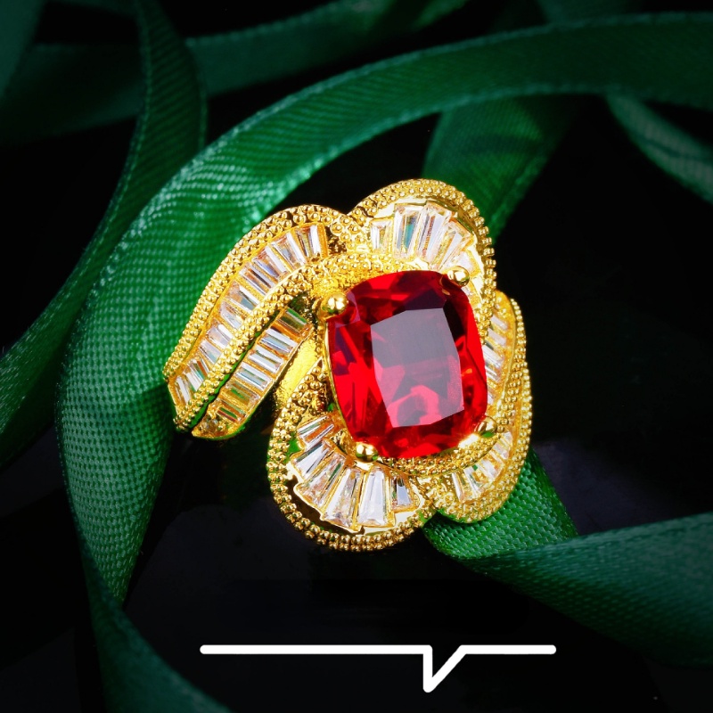 Goldkingdom Aksesoris Perhiasan Fashion Ready Stock Gaya Istana Retro Bola Pinggiran Butch Style Latice Square Diamond Ruby Colorful Ring.