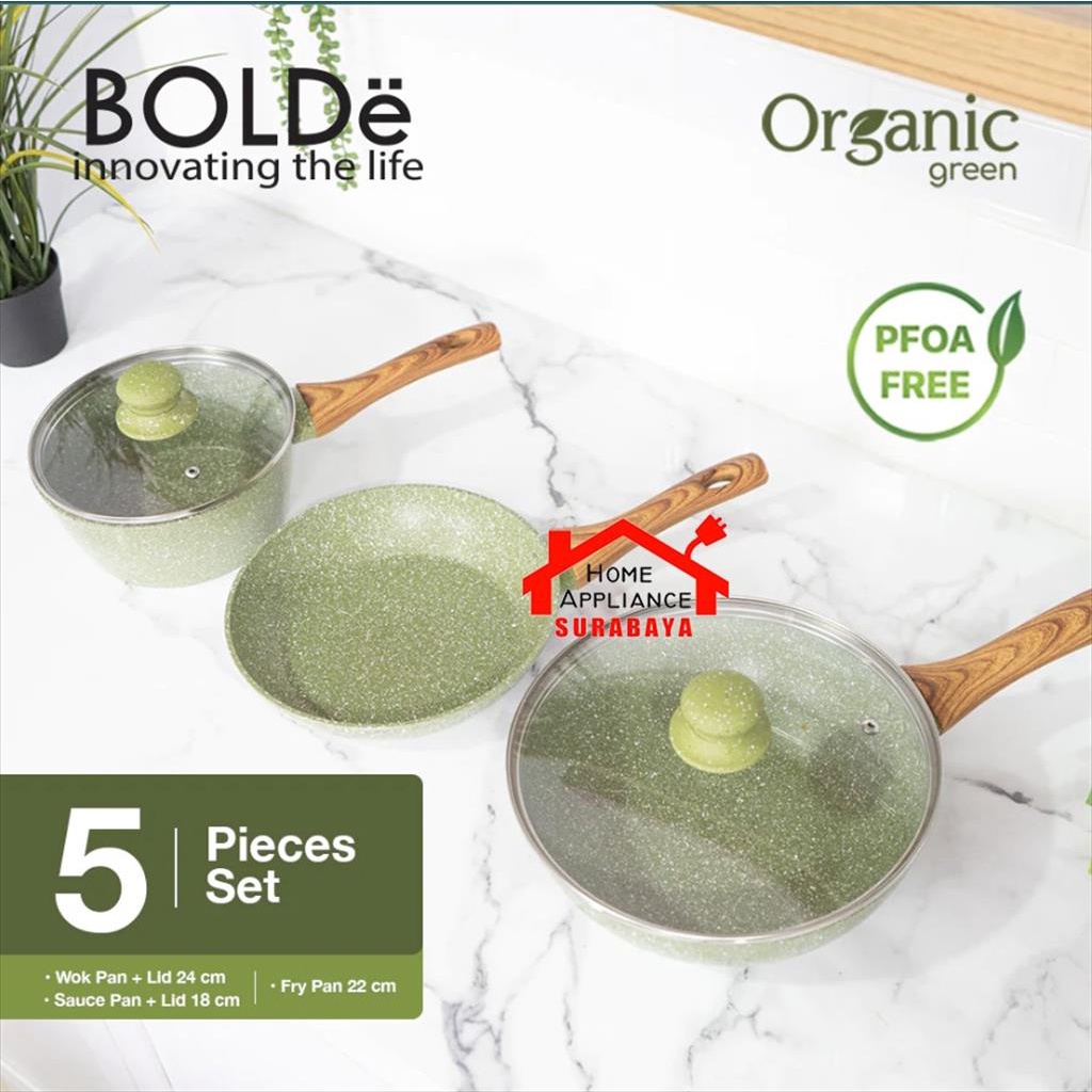 BOLDe Organic GREEN Cookware Set 5 PCS - Panci Wajan Wok Granite Set