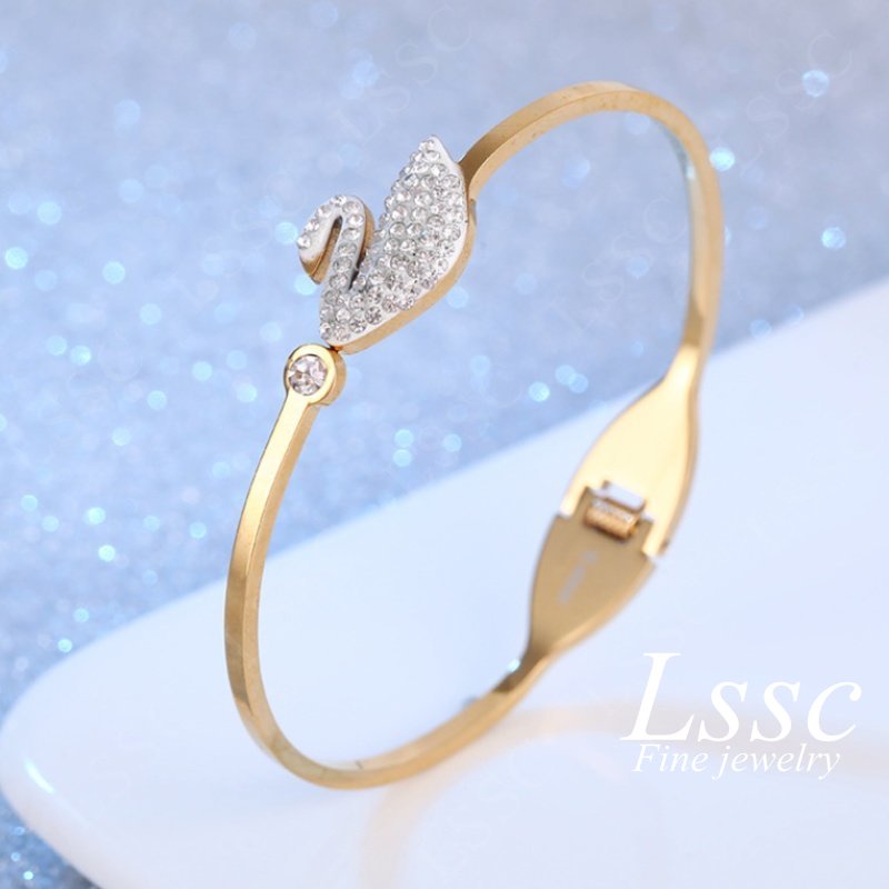 Gelang Titanium Wanita Anti Karat Angsa Swan Permata Cantik Emas 18K Dewasa Bangle Fashion Korea Aksesoris Perhiasan