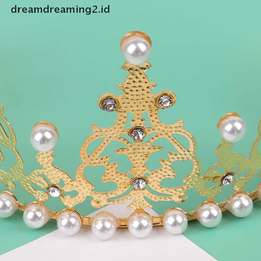 (hot) Shining Crown Cake Topper Metal Pearl Dekorasi Kue Pesta Pertunangan Pernikahan  //