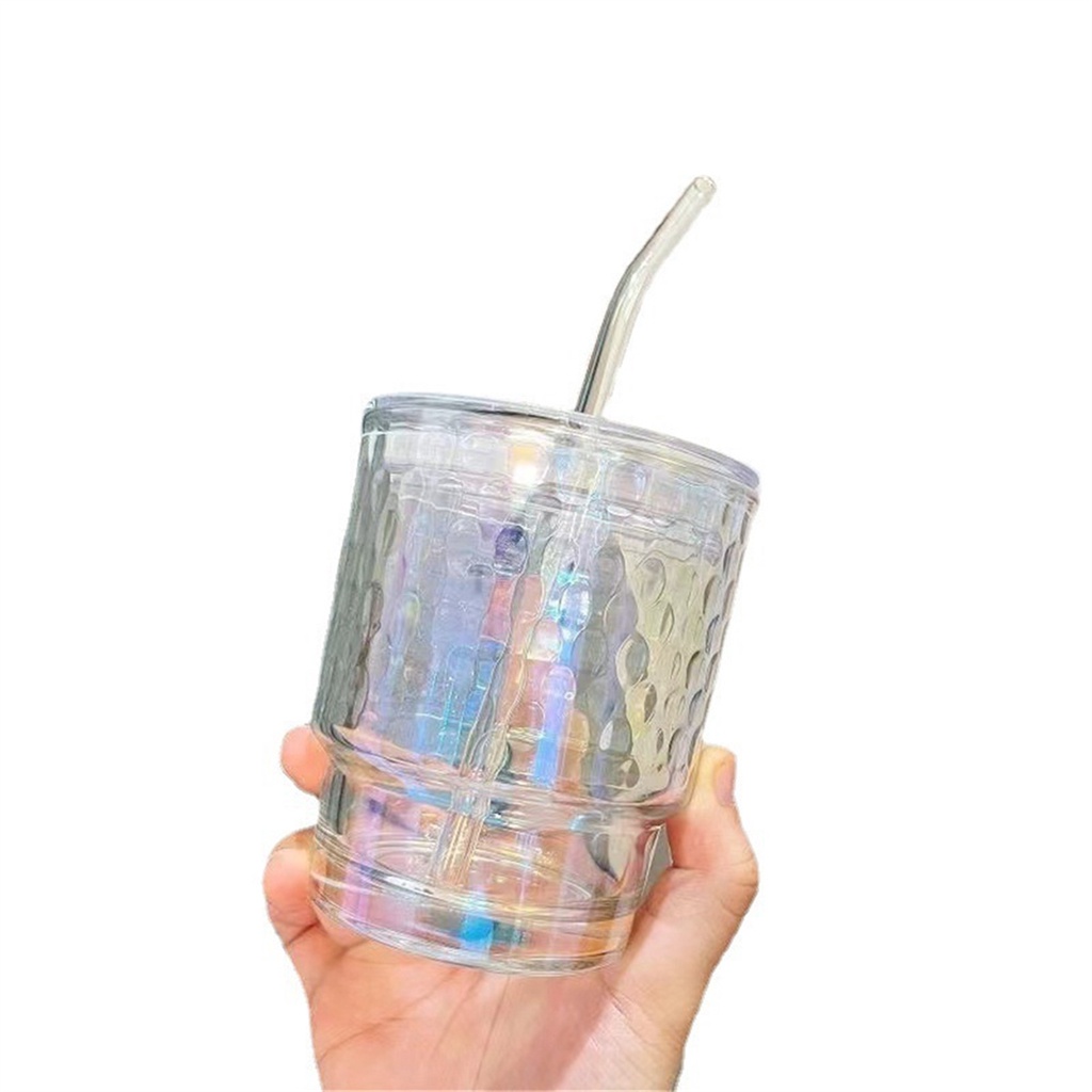 Aurora Cangkir Sedotan Laser Warna-warni Kaca Gaya Aurora Borealis Ins dengan Tutup Musim Panas Anti Bocor Cangkir Minum 350Ml Botol Air Transparan untuk Susu Kopi